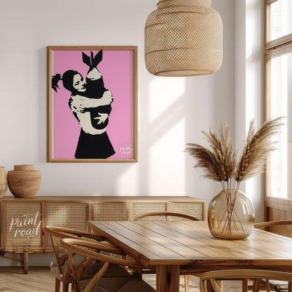 This poignant art print features Banksy’s famous “Bomb Hugger” stencil, depicting a small girl with… for dining room