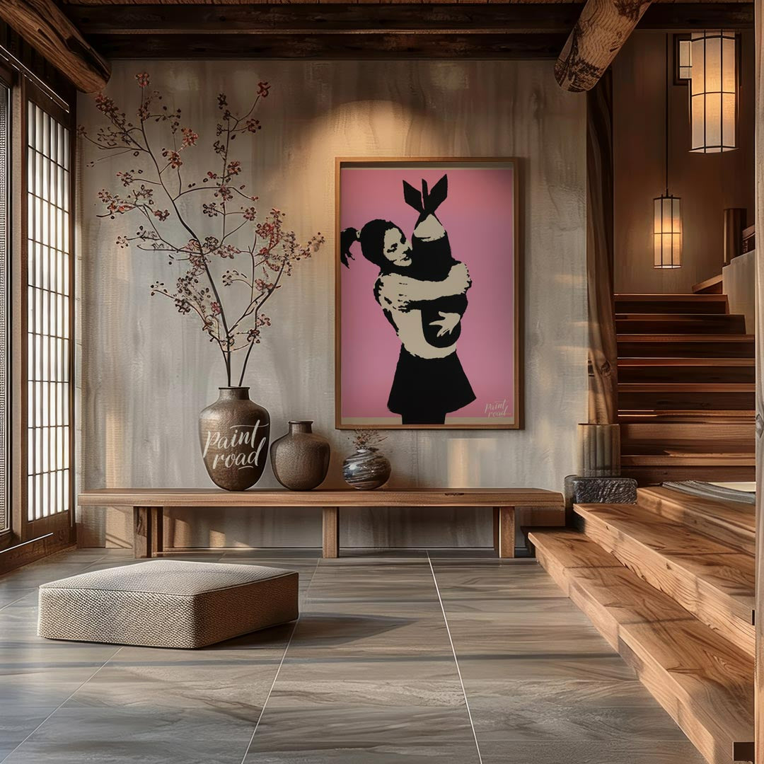 This poignant art print features Banksy’s famous “Bomb Hugger” stencil, depicting a small girl with… for entryway