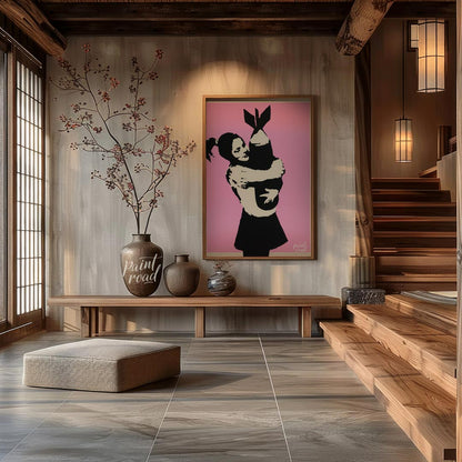 This poignant art print features Banksy’s famous “Bomb Hugger” stencil, depicting a small girl with… for entryway