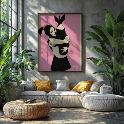 This poignant art print features Banksy’s famous “Bomb Hugger” stencil, depicting a small girl with… for living room