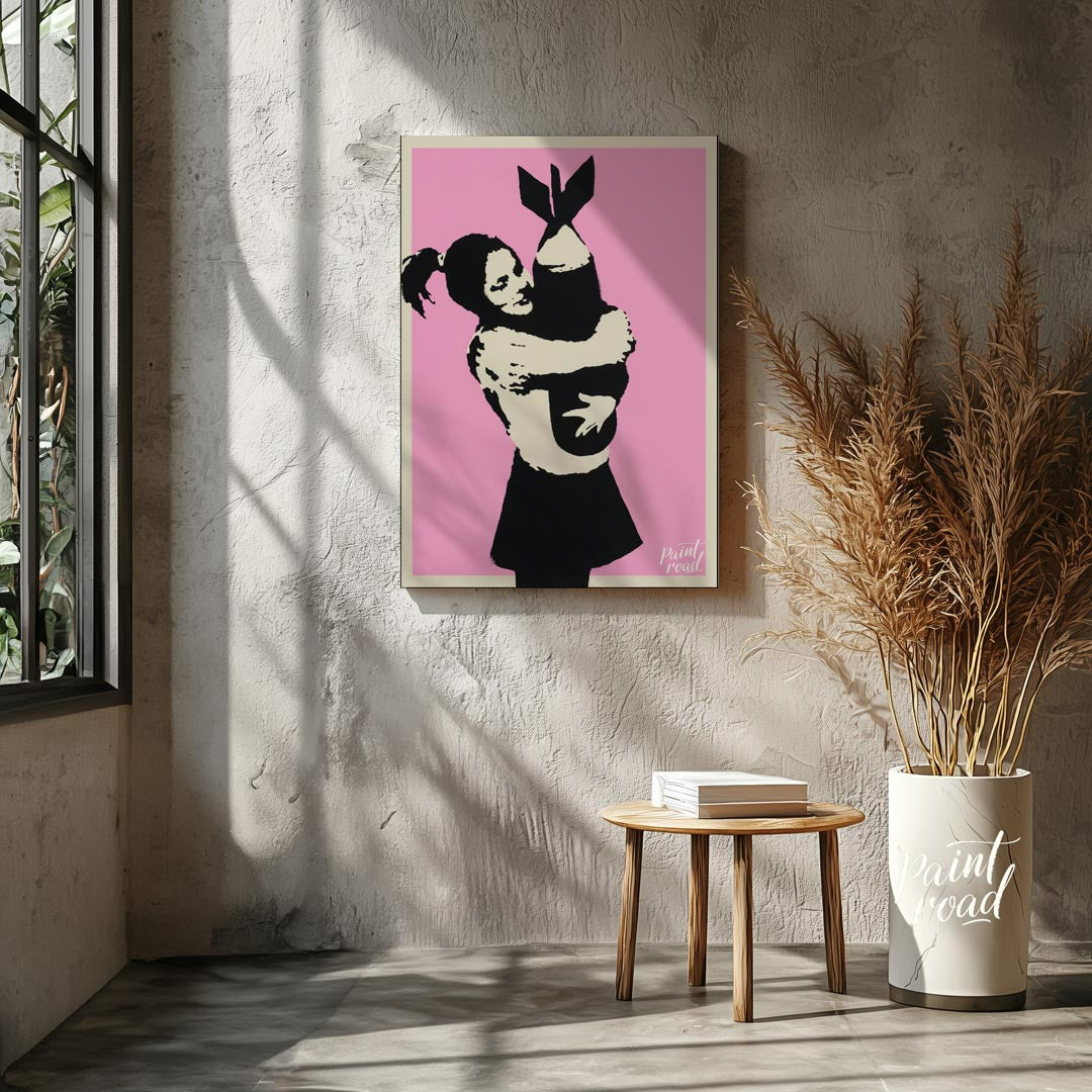 This poignant art print features Banksy’s famous “Bomb Hugger” stencil, depicting a small girl with… for living room