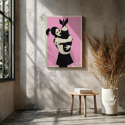This poignant art print features Banksy’s famous “Bomb Hugger” stencil, depicting a small girl with… for living room