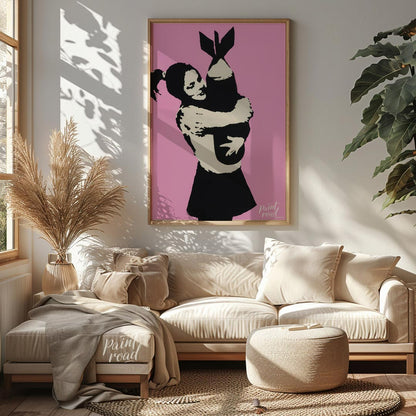 This poignant art print features Banksy’s famous “Bomb Hugger” stencil, depicting a small girl with… for living room