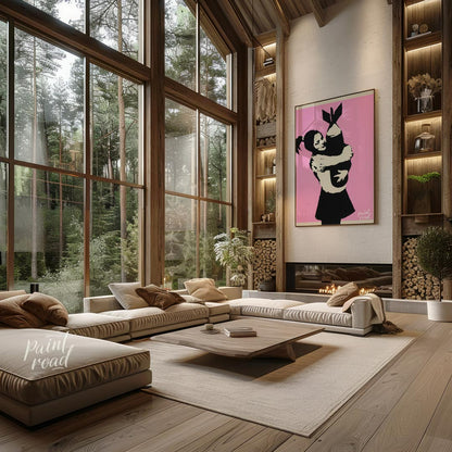 This poignant art print features Banksy’s famous “Bomb Hugger” stencil, depicting a small girl with… for living room