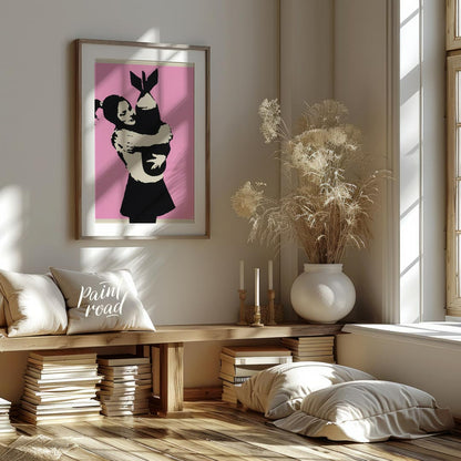 This poignant art print features Banksy’s famous “Bomb Hugger” stencil, depicting a small girl with… for living room