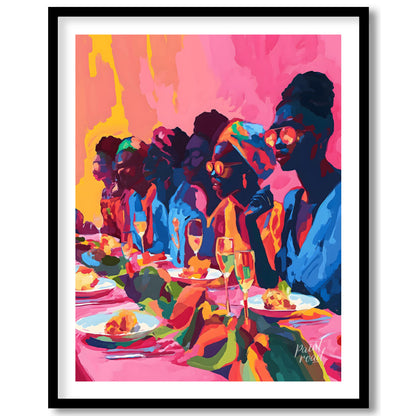 A vibrant and dynamic painting capturing a gathering of friends enjoying a lively dinner party. The… for area