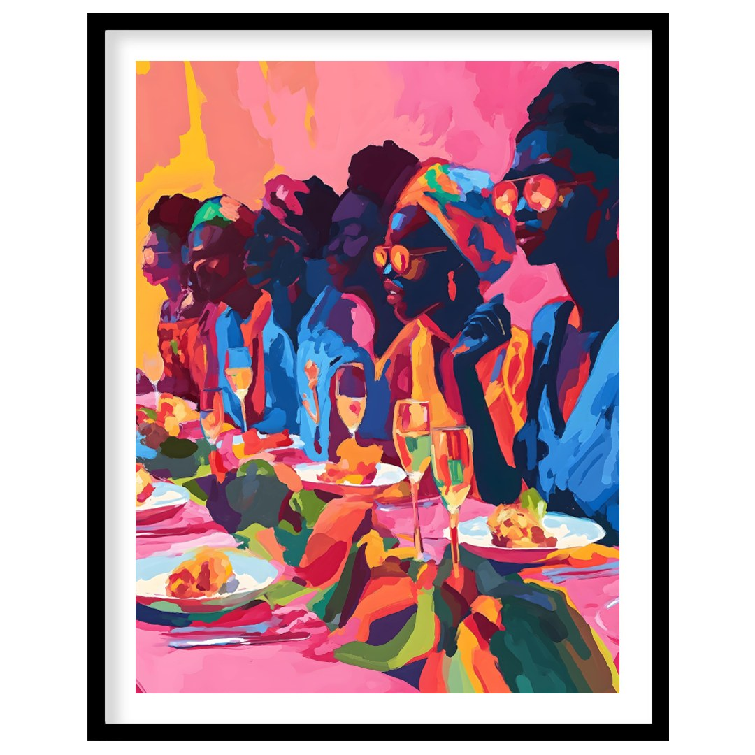 A vibrant and dynamic painting capturing a gathering of friends enjoying a lively dinner party. The… for area