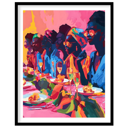 A vibrant and dynamic painting capturing a gathering of friends enjoying a lively dinner party. The… for area