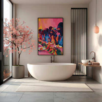 A vibrant and dynamic painting capturing a gathering of friends enjoying a lively dinner party. The… for bathroom