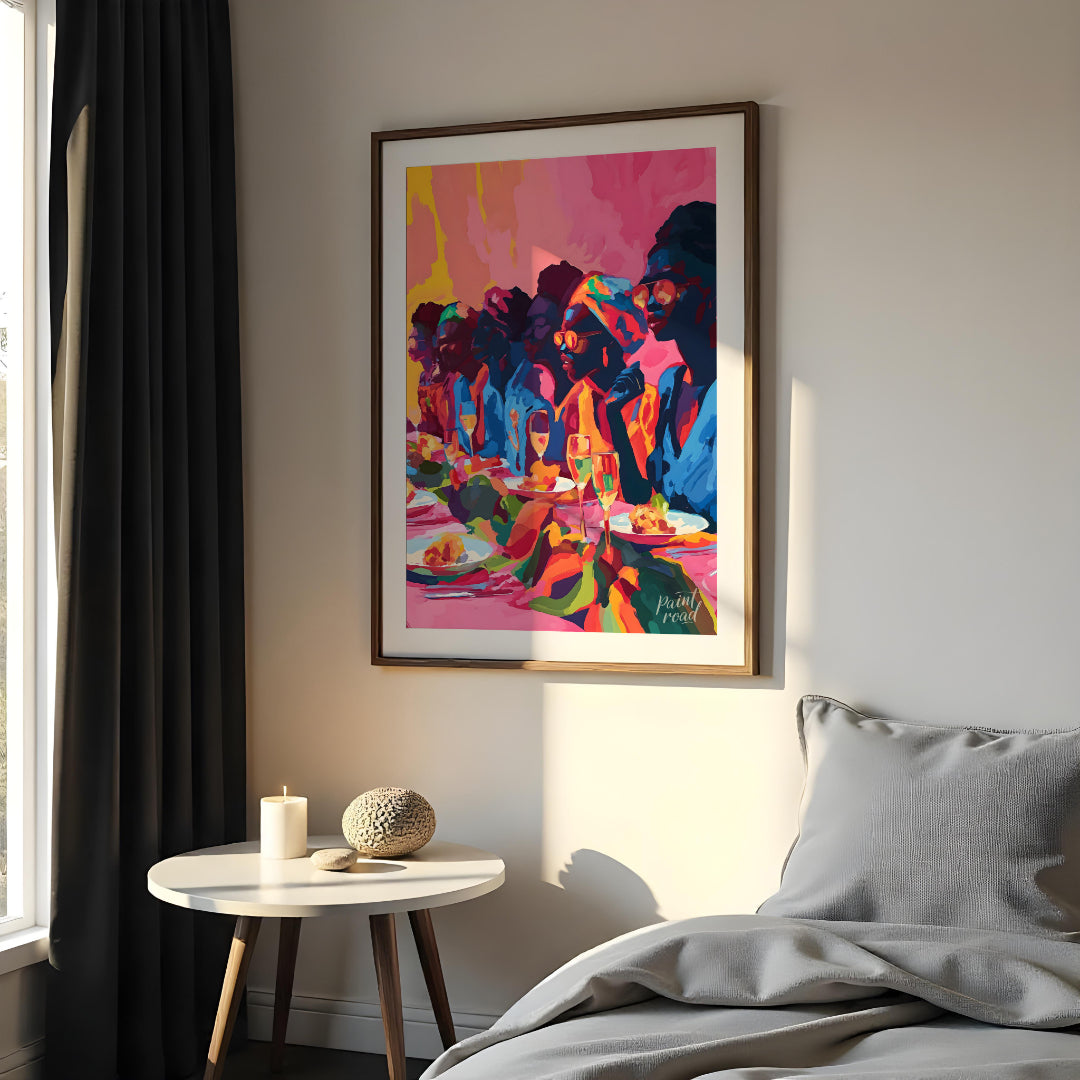A vibrant and dynamic painting capturing a gathering of friends enjoying a lively dinner party. The… for bedroom