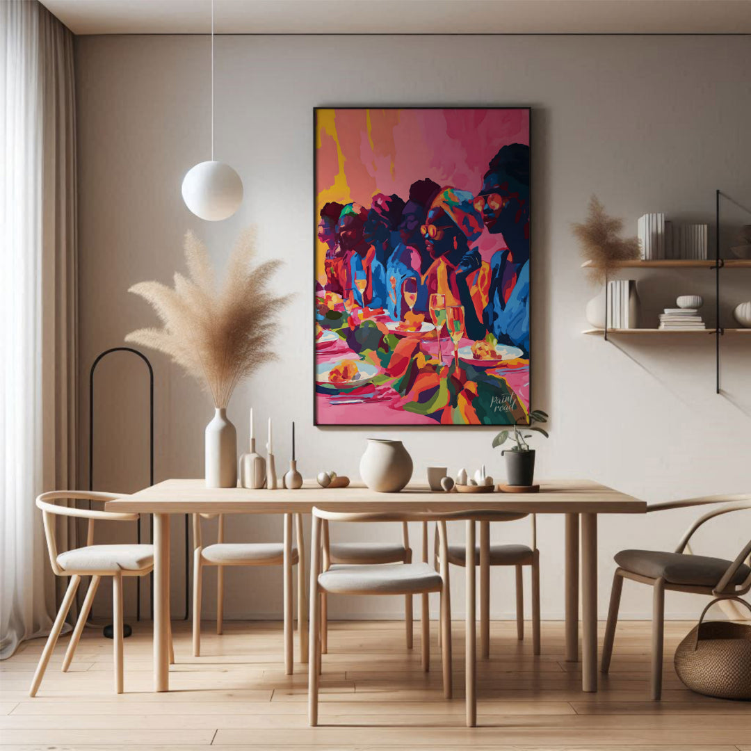 A vibrant and dynamic painting capturing a gathering of friends enjoying a lively dinner party. The… for dining room