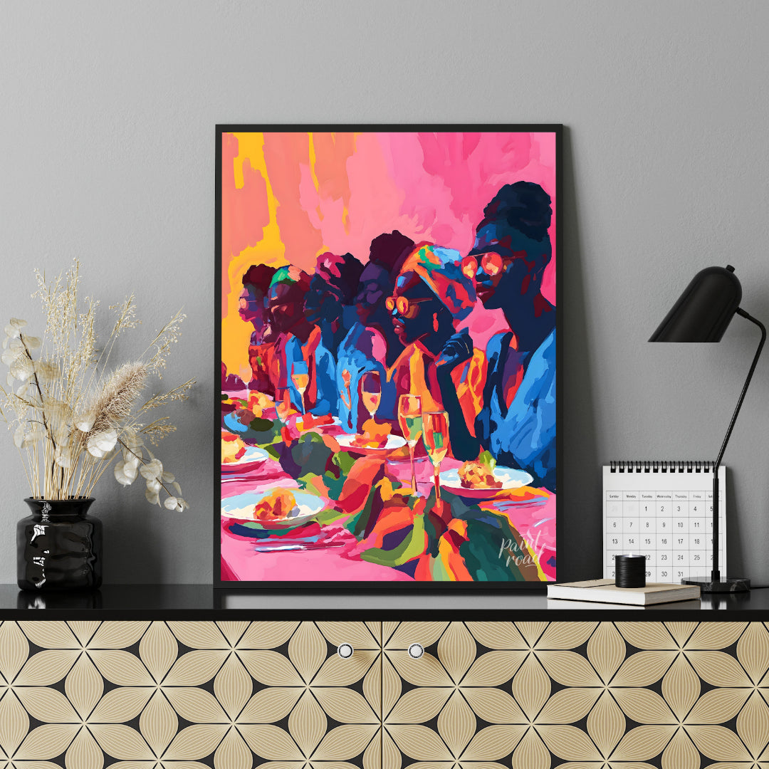 A vibrant and dynamic painting capturing a gathering of friends enjoying a lively dinner party. The… for living room
