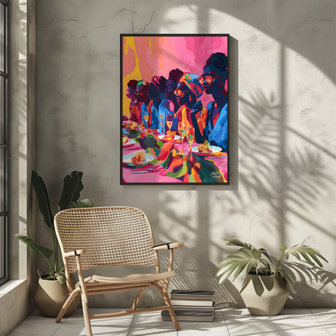 A vibrant and dynamic painting capturing a gathering of friends enjoying a lively dinner party. The… for living room