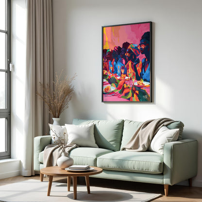 A vibrant and dynamic painting capturing a gathering of friends enjoying a lively dinner party. The… for living room