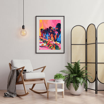 A vibrant and dynamic painting capturing a gathering of friends enjoying a lively dinner party. The… for living room