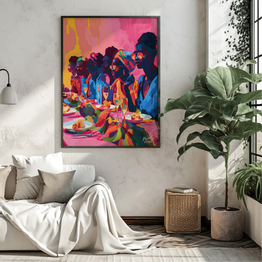 A vibrant and dynamic painting capturing a gathering of friends enjoying a lively dinner party. The… for living room