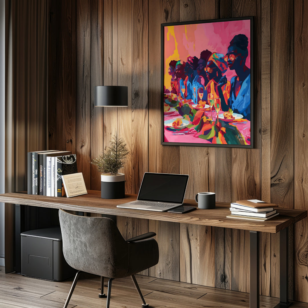 A vibrant and dynamic painting capturing a gathering of friends enjoying a lively dinner party. The… for office