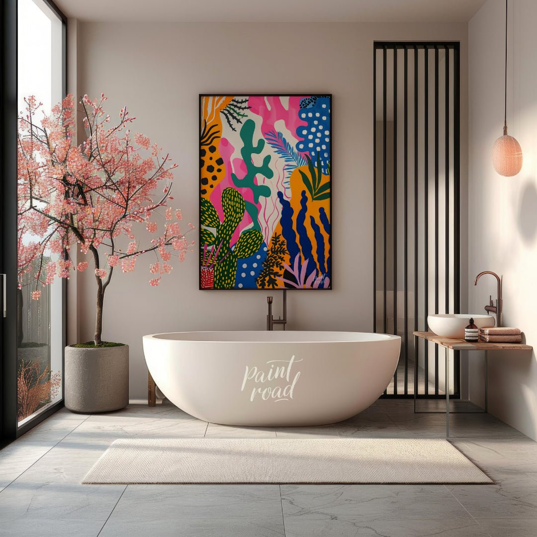This vibrant painting bursts with a riot of abstract botanical forms. The artist employs a bold, pl… for bathroom