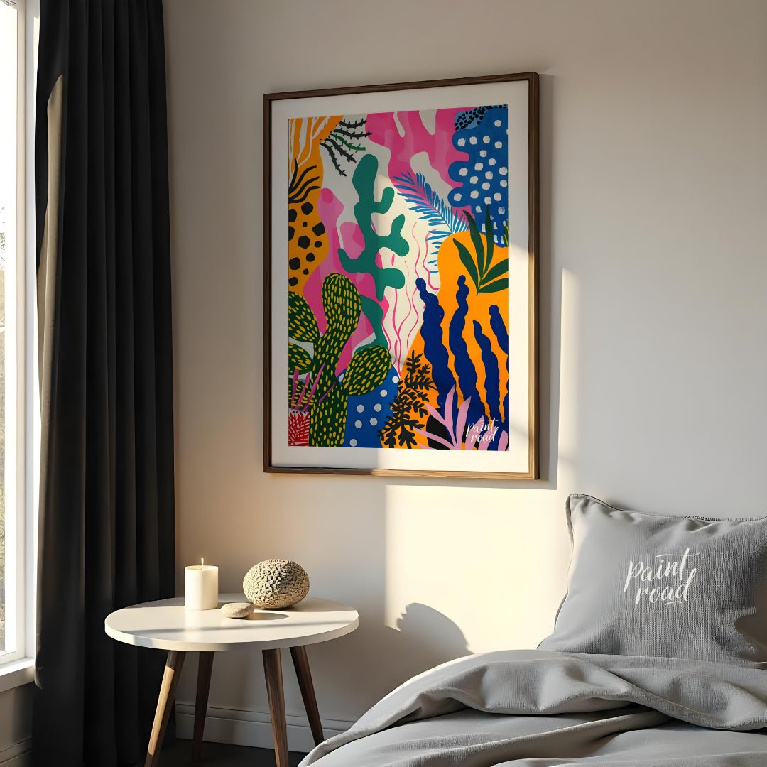 This vibrant painting bursts with a riot of abstract botanical forms. The artist employs a bold, pl… for bedroom