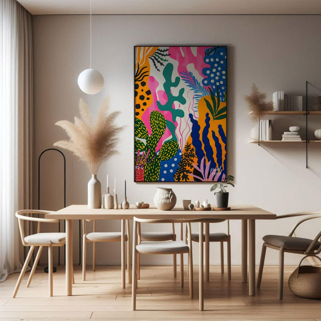This vibrant painting bursts with a riot of abstract botanical forms. The artist employs a bold, pl… for dining room