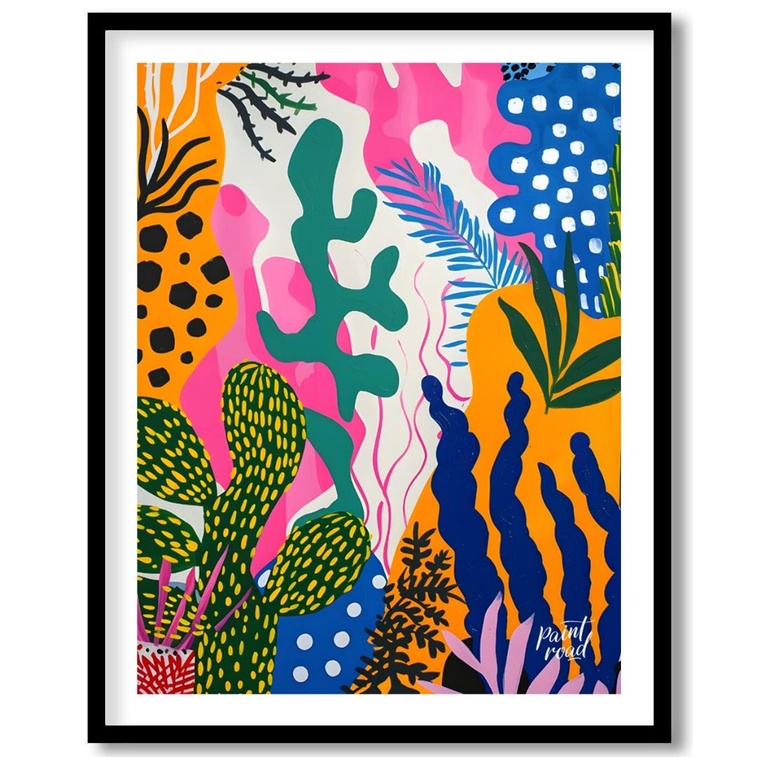 This vibrant painting bursts with a riot of abstract botanical forms. The artist employs a bold, pl… for house