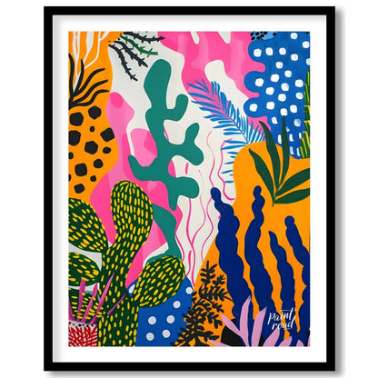 This vibrant painting bursts with a riot of abstract botanical forms. The artist employs a bold, pl… for house