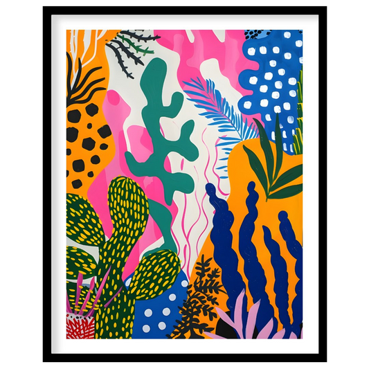 This vibrant painting bursts with a riot of abstract botanical forms. The artist employs a bold, pl… for house