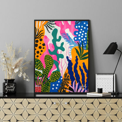 This vibrant painting bursts with a riot of abstract botanical forms. The artist employs a bold, pl… for living room