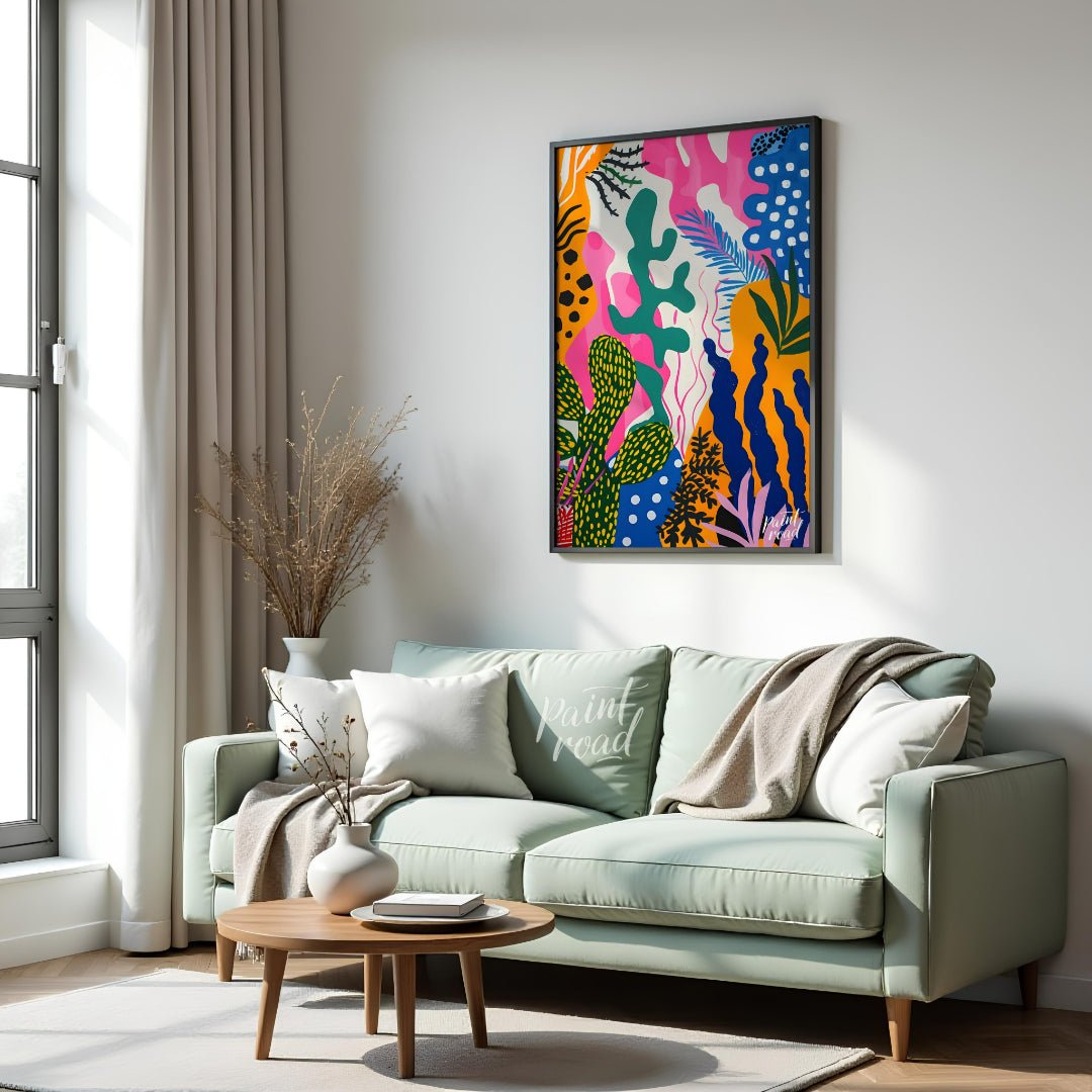 This vibrant painting bursts with a riot of abstract botanical forms. The artist employs a bold, pl… for living room