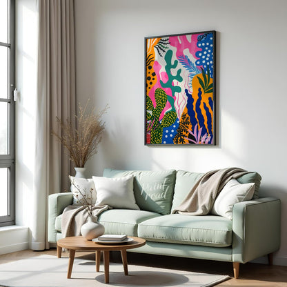 This vibrant painting bursts with a riot of abstract botanical forms. The artist employs a bold, pl… for living room