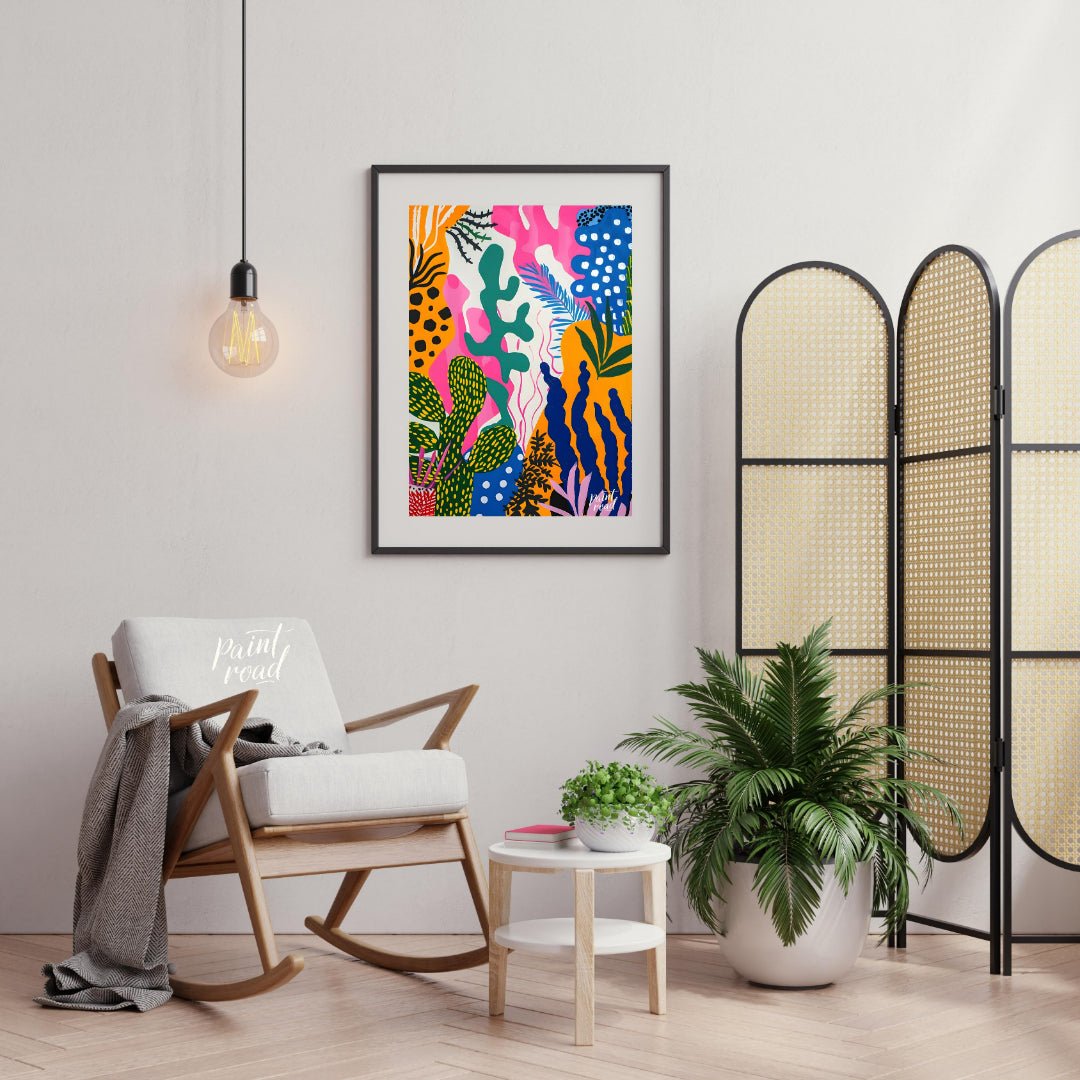 This vibrant painting bursts with a riot of abstract botanical forms. The artist employs a bold, pl… for living room