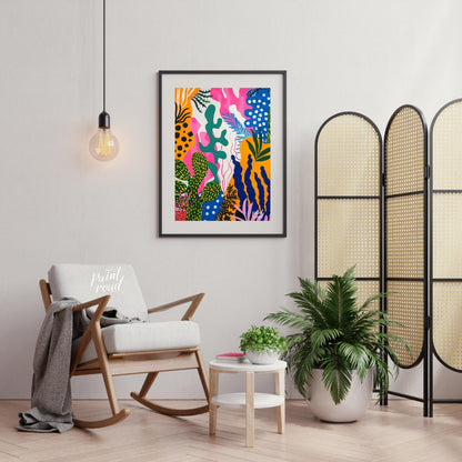 This vibrant painting bursts with a riot of abstract botanical forms. The artist employs a bold, pl… for living room