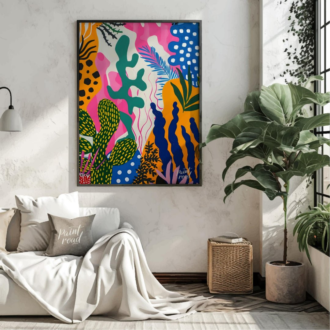 This vibrant painting bursts with a riot of abstract botanical forms. The artist employs a bold, pl… for living room