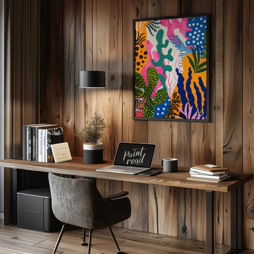 This vibrant painting bursts with a riot of abstract botanical forms. The artist employs a bold, pl… for office