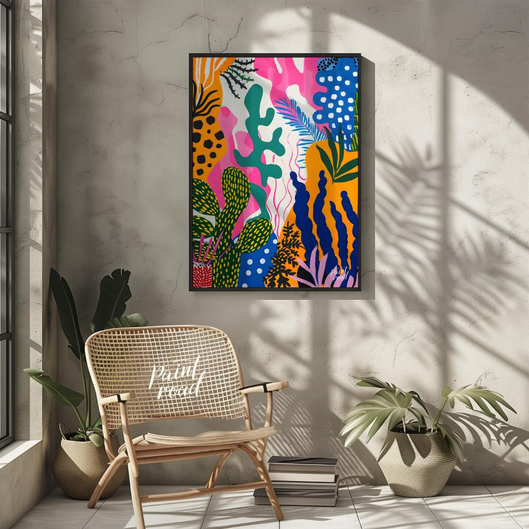 This vibrant painting bursts with a riot of abstract botanical forms. The artist employs a bold, pl… for other