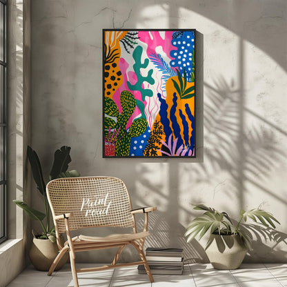 This vibrant painting bursts with a riot of abstract botanical forms. The artist employs a bold, pl… for other