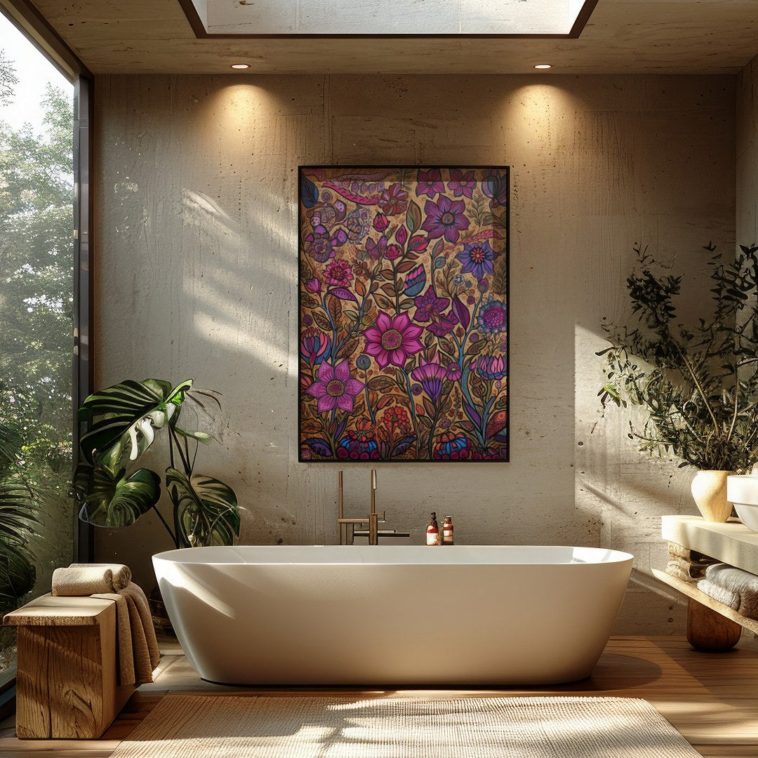 Transform your space with this vibrant botanical wall art, teeming with intricate floral patterns for Bathroom