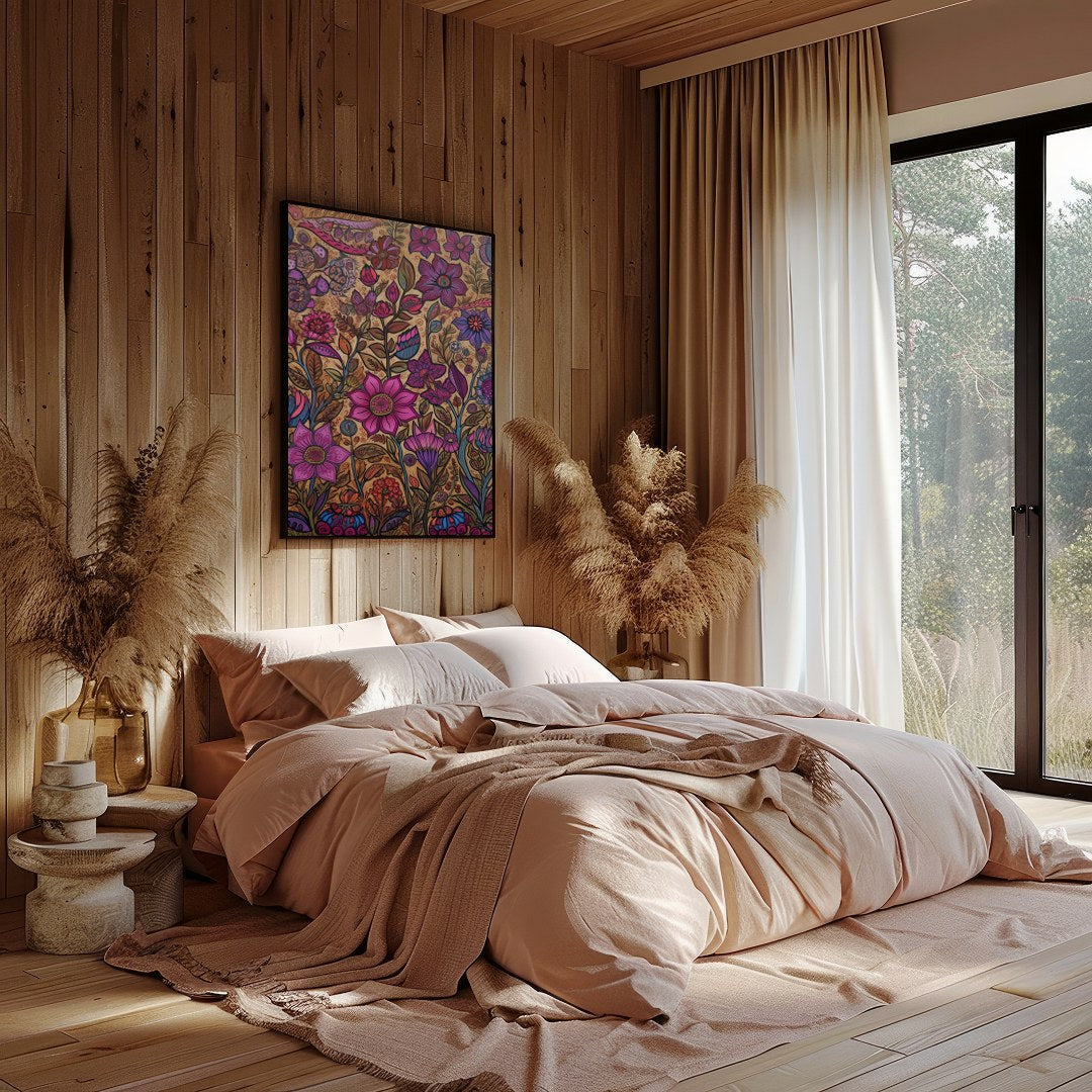 Transform your space with this vibrant botanical wall art, teeming with intricate floral patterns for Bedroom