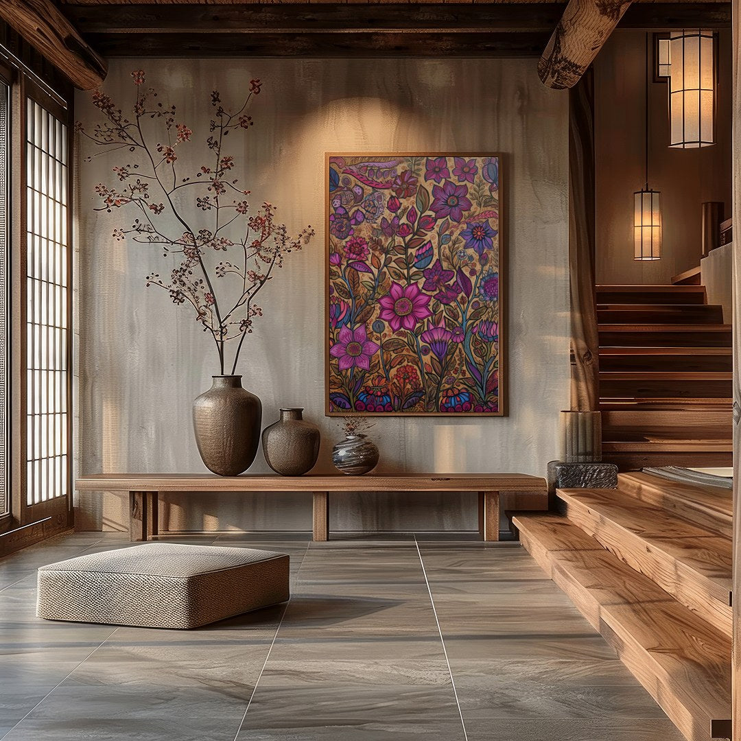 Transform your space with this vibrant botanical wall art, teeming with intricate floral patterns for Hall