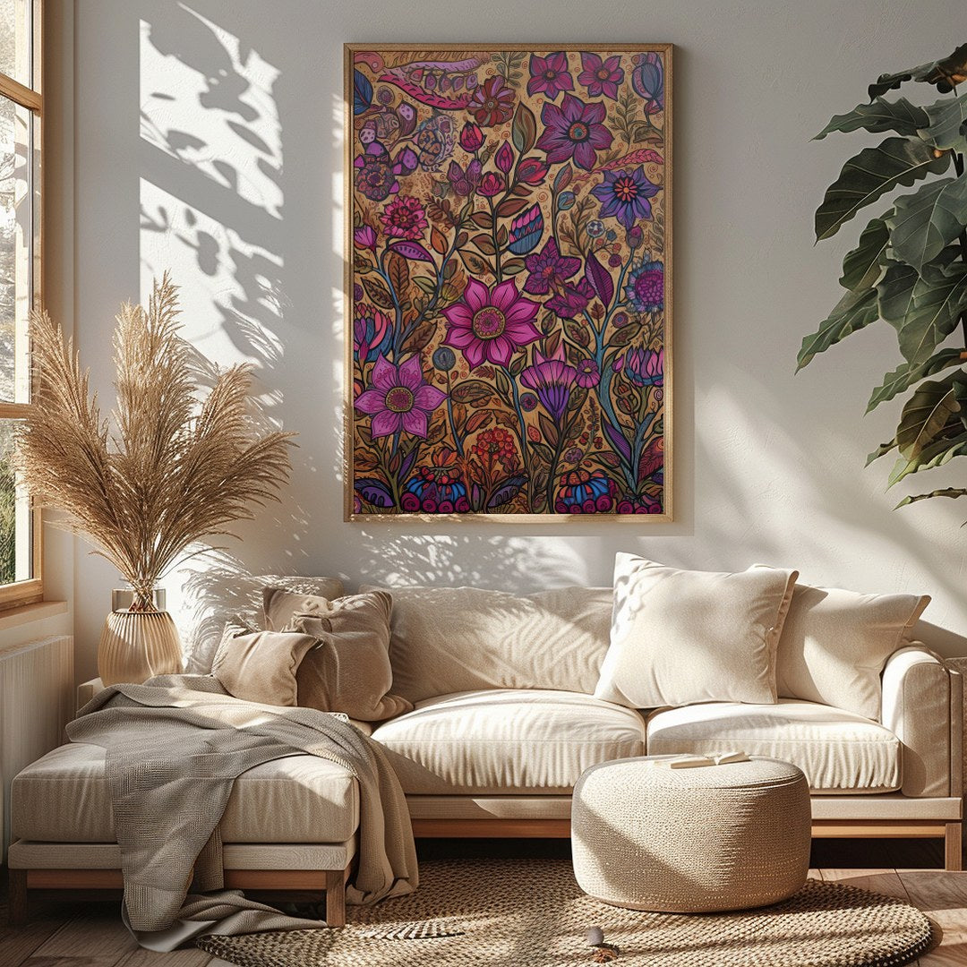 Transform your space with this vibrant botanical wall art, teeming with intricate floral patterns for Sitting Area