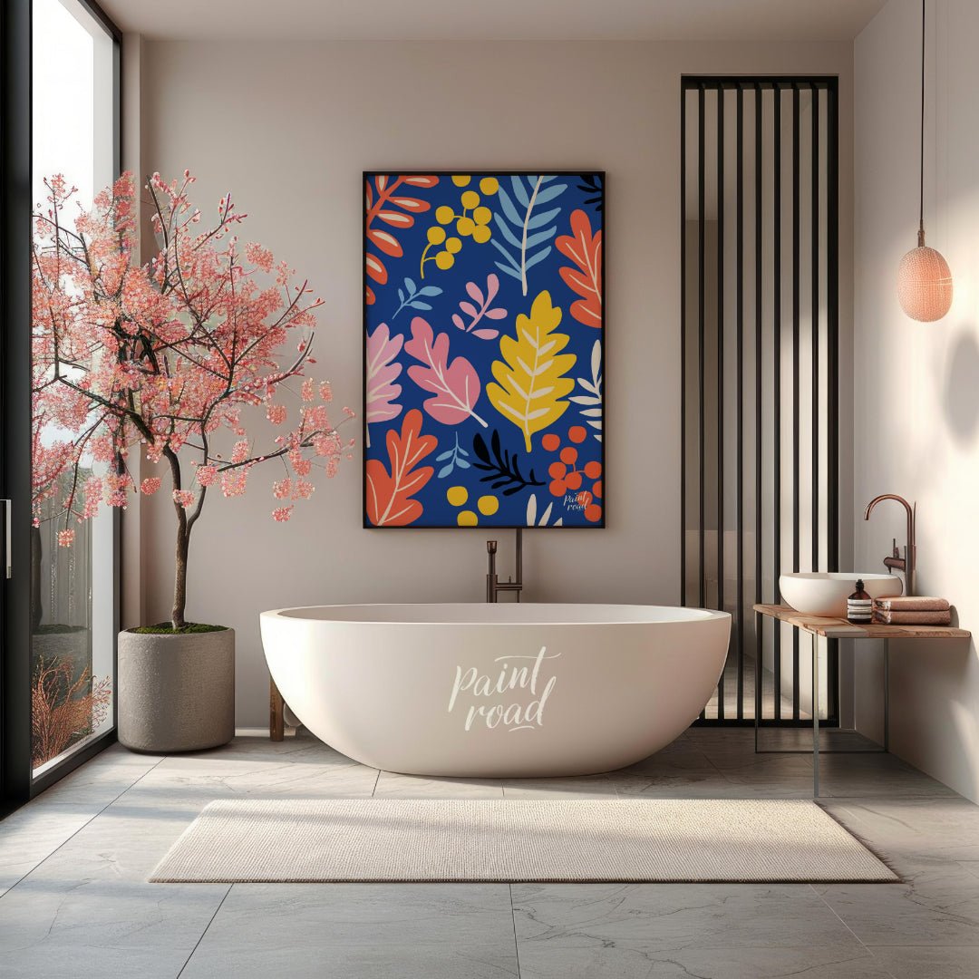This vibrant digital pattern features a dense arrangement of stylized leaves and berries, rendered … for bathroom