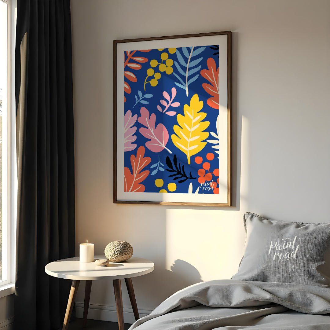 This vibrant digital pattern features a dense arrangement of stylized leaves and berries, rendered … for bedroom