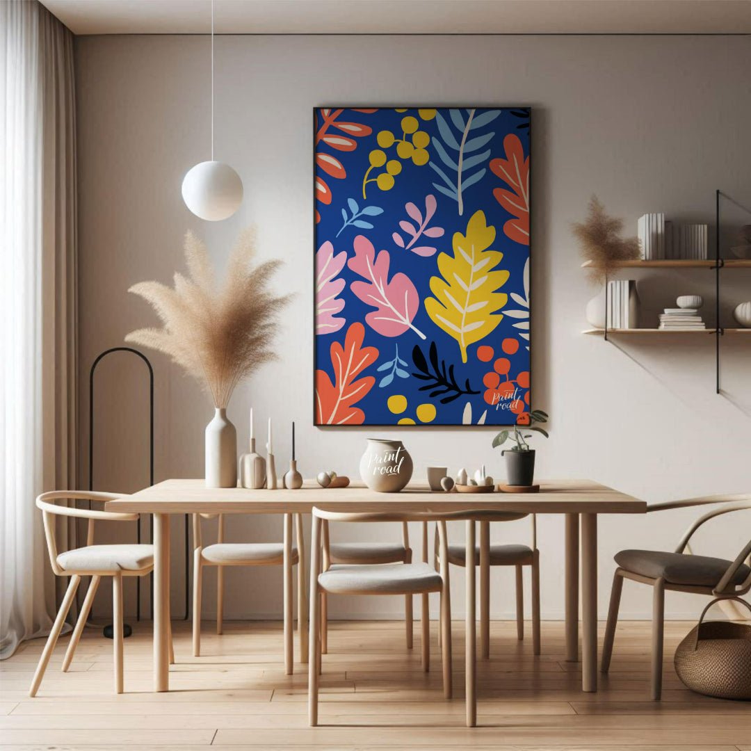 This vibrant digital pattern features a dense arrangement of stylized leaves and berries, rendered … for dining room