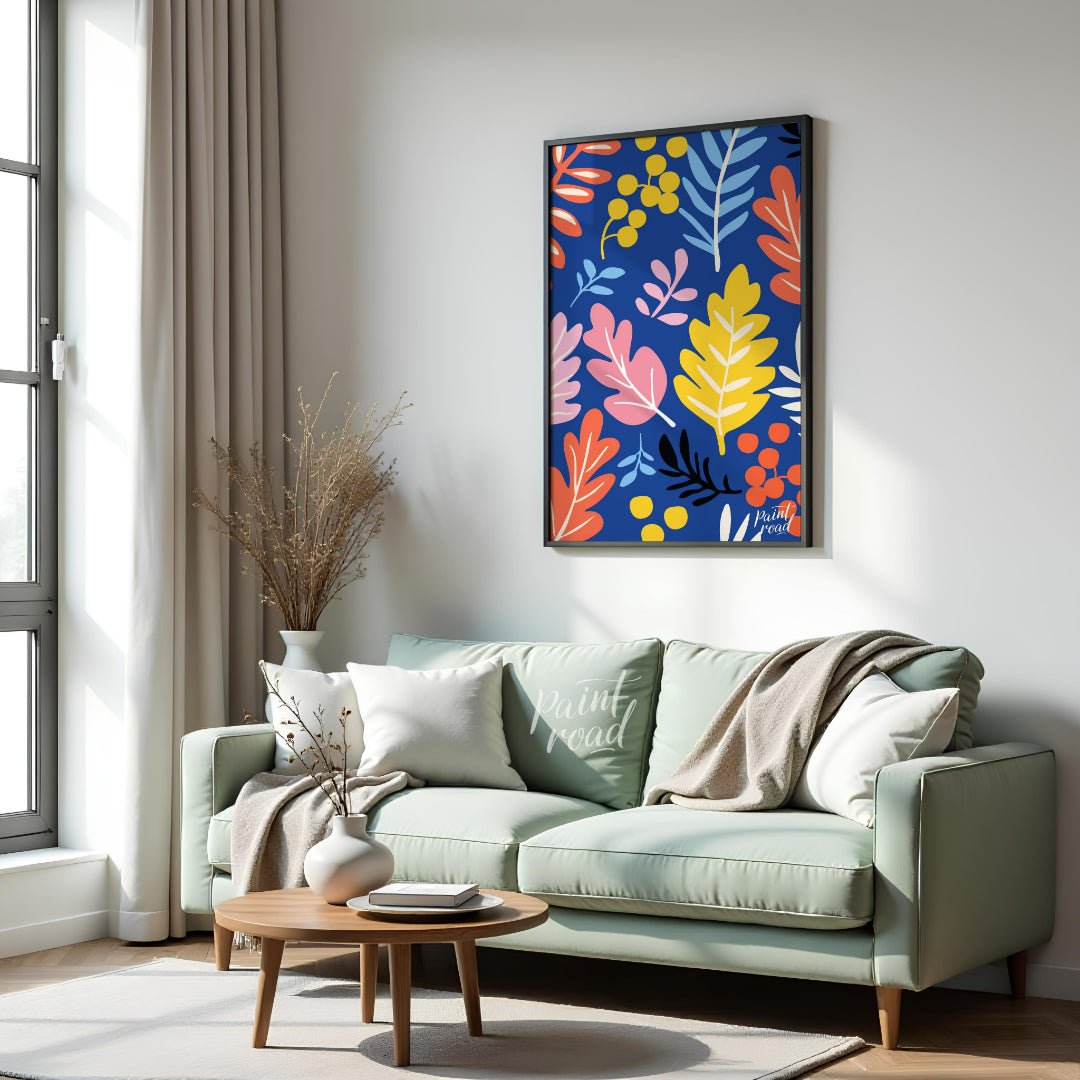 This vibrant digital pattern features a dense arrangement of stylized leaves and berries, rendered … for living room