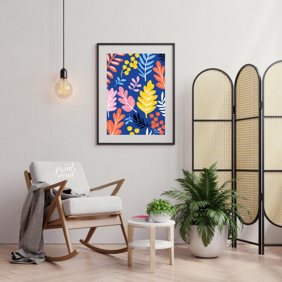 This vibrant digital pattern features a dense arrangement of stylized leaves and berries, rendered … for living room