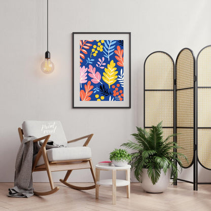 This vibrant digital pattern features a dense arrangement of stylized leaves and berries, rendered … for living room