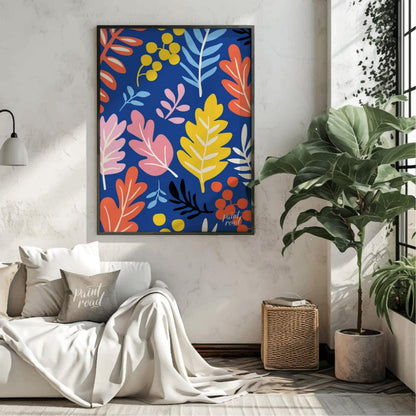 This vibrant digital pattern features a dense arrangement of stylized leaves and berries, rendered … for living room
