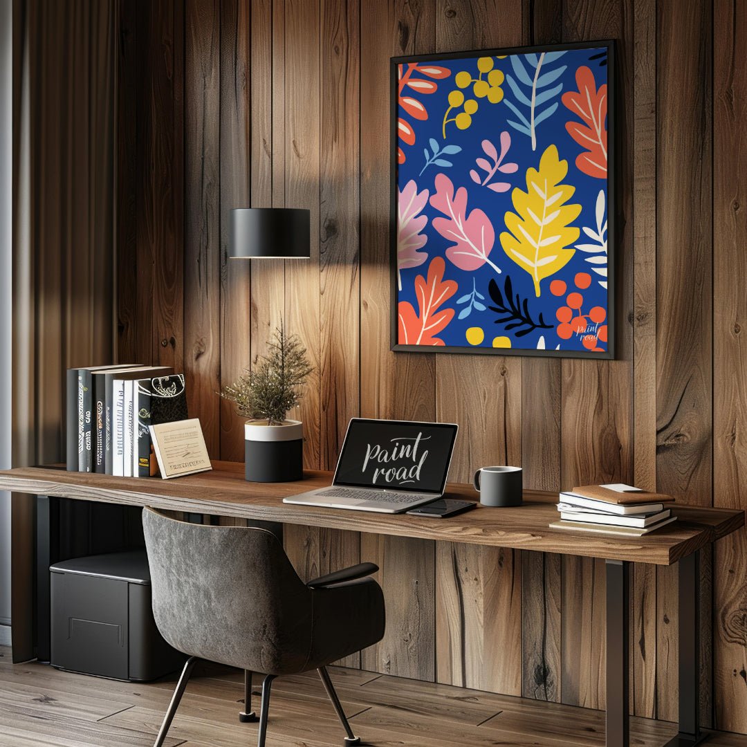 This vibrant digital pattern features a dense arrangement of stylized leaves and berries, rendered … for office