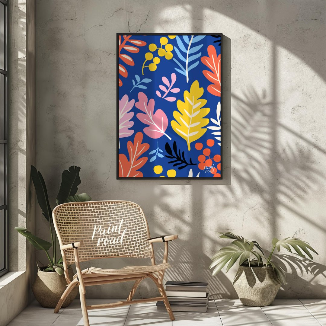 This vibrant digital pattern features a dense arrangement of stylized leaves and berries, rendered … for other