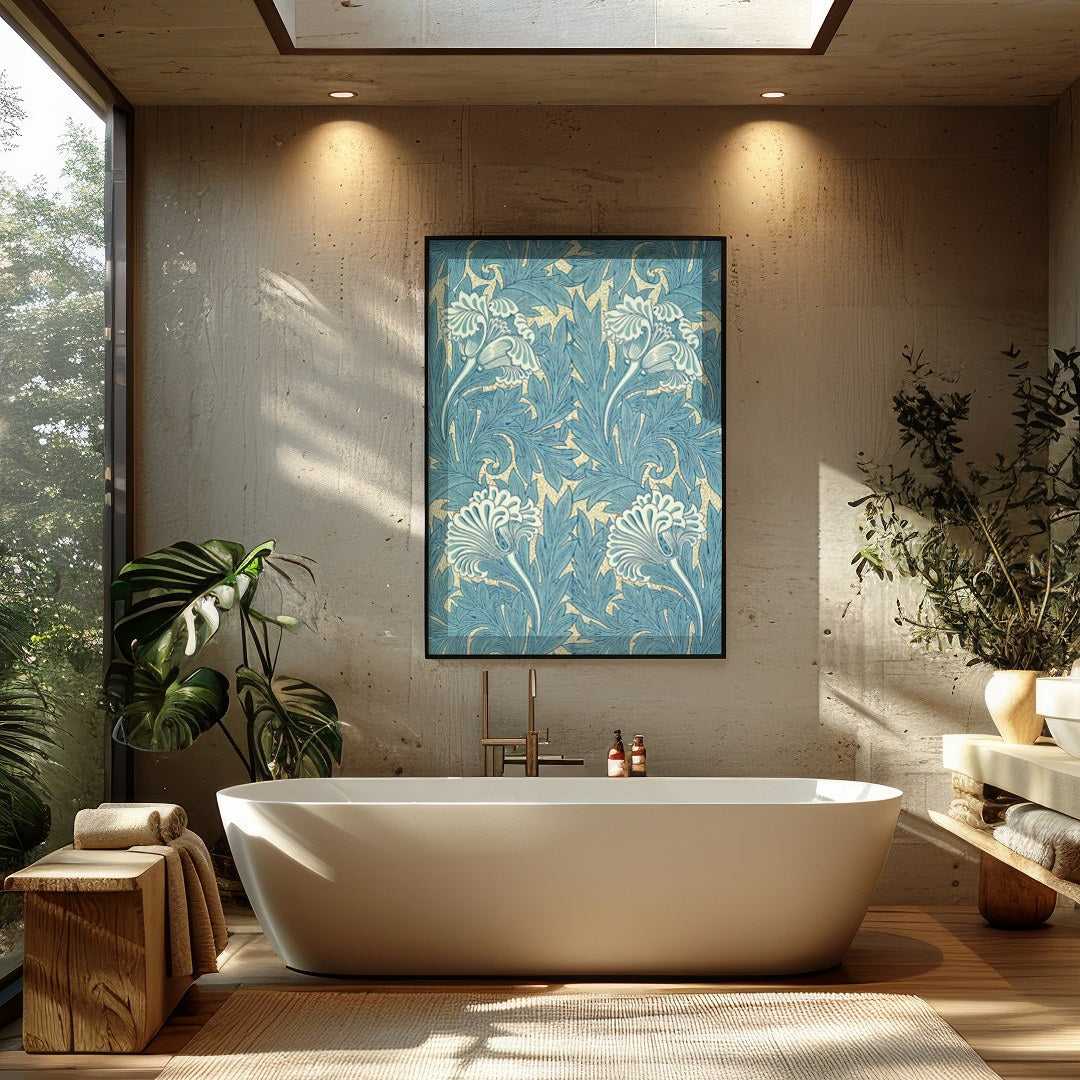 Elevate your space with the timeless elegance of Botanical Blue Flourish. This exquisite wall art for Bathroom